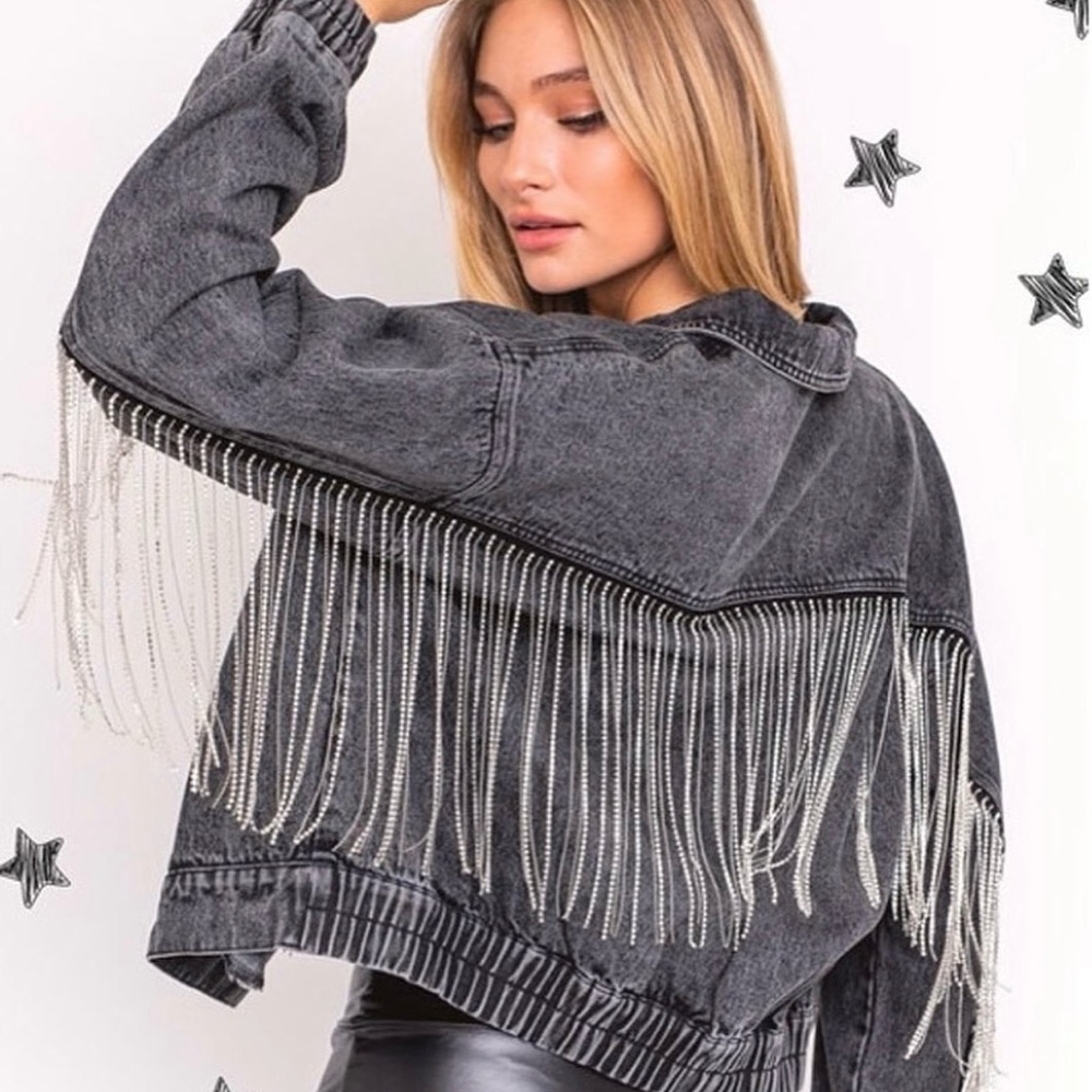 Le Lis Black Jean Jacket with Fringe